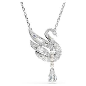 Pendentif Cygne, blanc, plaqué rhodium
