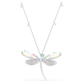 Pendentif et broche Ariana Grande X Swarovski : perle de cristal, tailles variées, libellule, blanc, plaqué rhodium