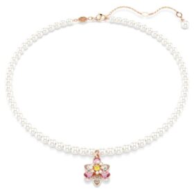 Pendentif Idyllia en perles de cristal, tailles variées, fleur, multicolore, plaqué or rose