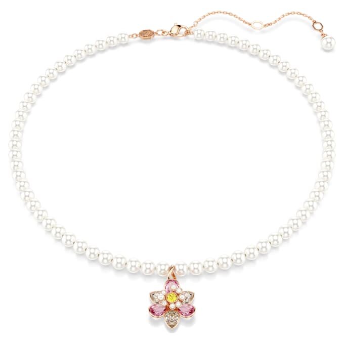 Pendentif Idyllia en perles de cristal, tailles variées, fleur, multicolore, plaqué or rose Pendentif Idyllia en perles de cristal, tailles variées, fleur, multicolore, plaqué or rose