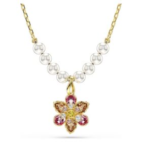 Pendentif Idyllia : perles de cristal, tailles variées, fleur, multicolore, plaqué or