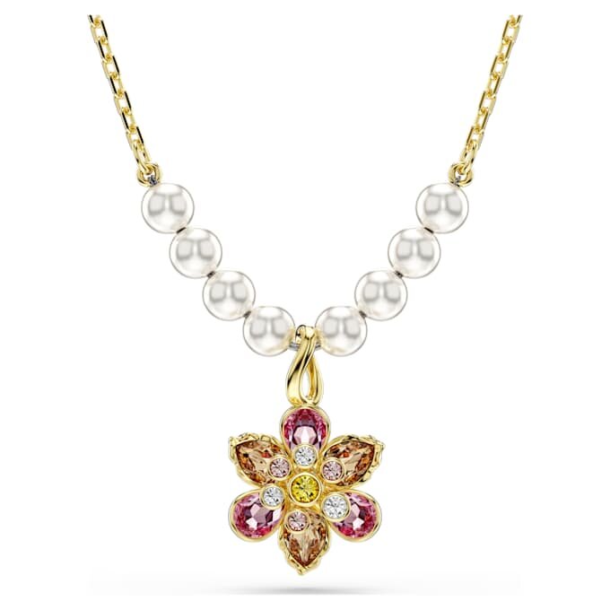 Pendentif Idyllia : perles de cristal, tailles variées, fleur, multicolore, plaqué or Pendentif Idyllia : perles de cristal, tailles variées, fleur, multicolore, plaqué or