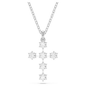 Pendentif Insigne, taille ronde, croix, blanc, plaqué rhodium