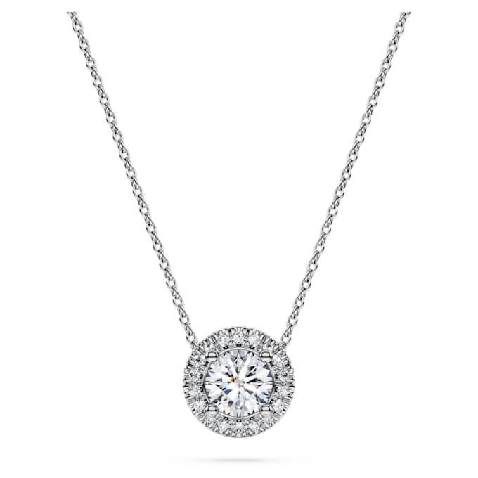 Pendentif solitaire Eternity Halo avec diamants synthétiques, 0,59 ct au total, forme ronde, or blanc 14 carats Pendentif solitaire Eternity Halo avec diamants synthétiques, 0,59 ct au total, forme ronde, or blanc 14 carats