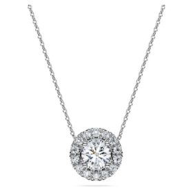 Pendentif solitaire Eternity Halo avec diamants synthétiques, 1 ct au total, forme ronde, or blanc 14 carats