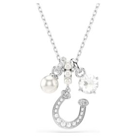 Pendentif Symbolica : perle de cristal, taille ronde, pavé, fer à cheval, blanc, plaqué rhodium