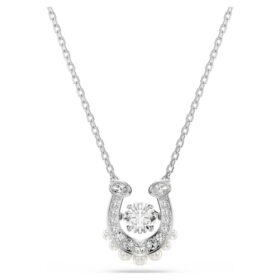 Pendentif Symbolica : perle de cristal, taille ronde, pavé, fer à cheval, blanc, plaqué rhodium
