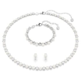 Perle en cristal sertie en Matrix, taille ronde, blanche, plaquée rhodium