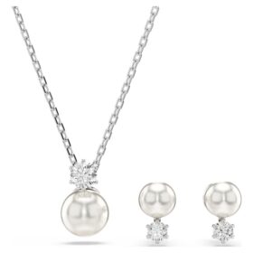 Perle en cristal sertie en Matrix, taille ronde, blanche, plaquée rhodium