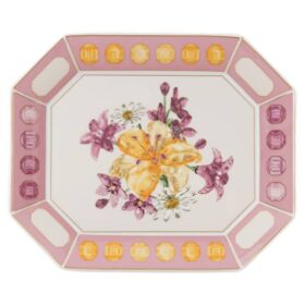 Plateau Idyllia en porcelaine, motif imprimé en cristal, fleurs, grand format, rose