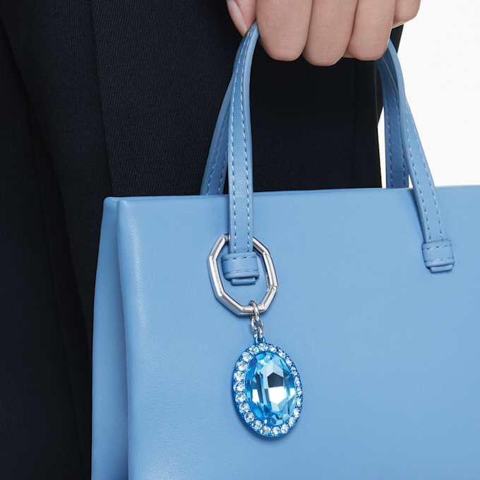 Porte-clés à cristal taillé ovale, bleu, finition métaux mélangés Porte-clés à cristal taillé ovale, bleu, finition métaux mélangés