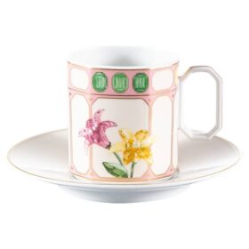 Tasse à café Idyllia avec soucoupe, en porcelaine, motif imprimé en cristal, fleurs, multicolore