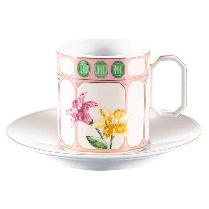 Tasse à café Idyllia avec soucoupe, en porcelaine, motif imprimé en cristal, fleurs, multicolore Tasse à café Idyllia avec soucoupe, en porcelaine, motif imprimé en cristal, fleurs, multicolore